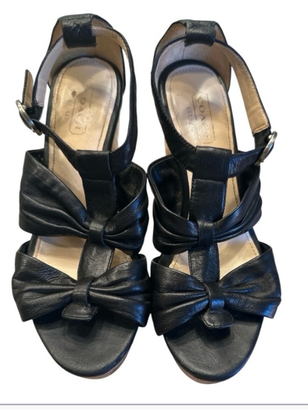 COACH Nola Black Leather Bow Wedge Platform Sandals Women's Size 5.5 B T-Strap